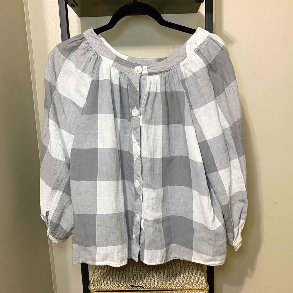 CATO Gray & White Plaid Button Front Peasant Blouse Long Sleeve Women’s L